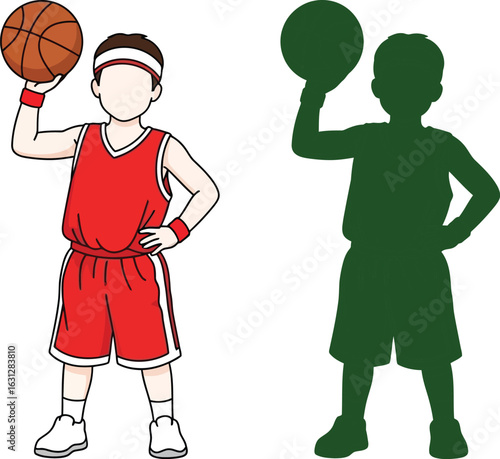 Illustration of a basketball player with ball in red uniform editable