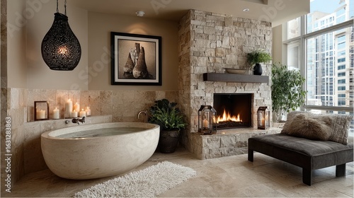 Luxurious spa-like bathroom with fireplace