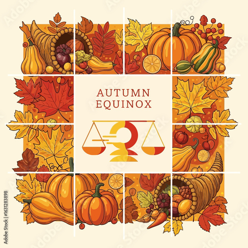 Detailed Handdrawn Autumn Equinox Celebration with Cornucopia and Pumpkins Illustration