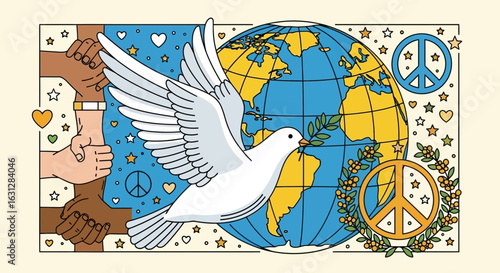 Colorful Line Art World Peace Harmony Dove Globe Symbol Graphic Illustration