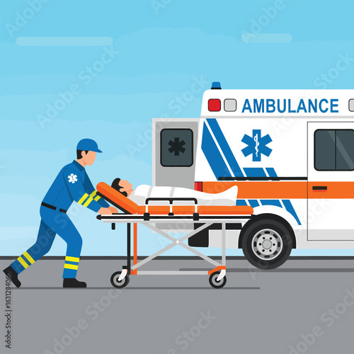 Paramedic pushing patient on stretcher towards ambulance.