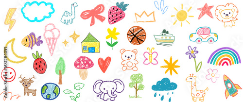 Kid crayon hand drawn background. Children school pencil bg. Cute summer flower, cloud, house, rainbow sun child icon. Vector kid sketch illustration