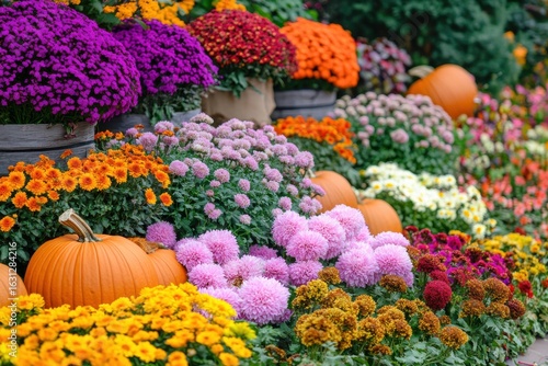 Autumnal Display of Pumpkins and Chrysanthemums for Seasonal Decor and Celebrations
