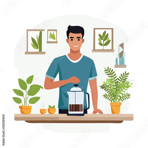 A man brewing coffee using a French press in a kitchen