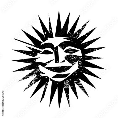 Vector Stylized sun face with radiating spikes.