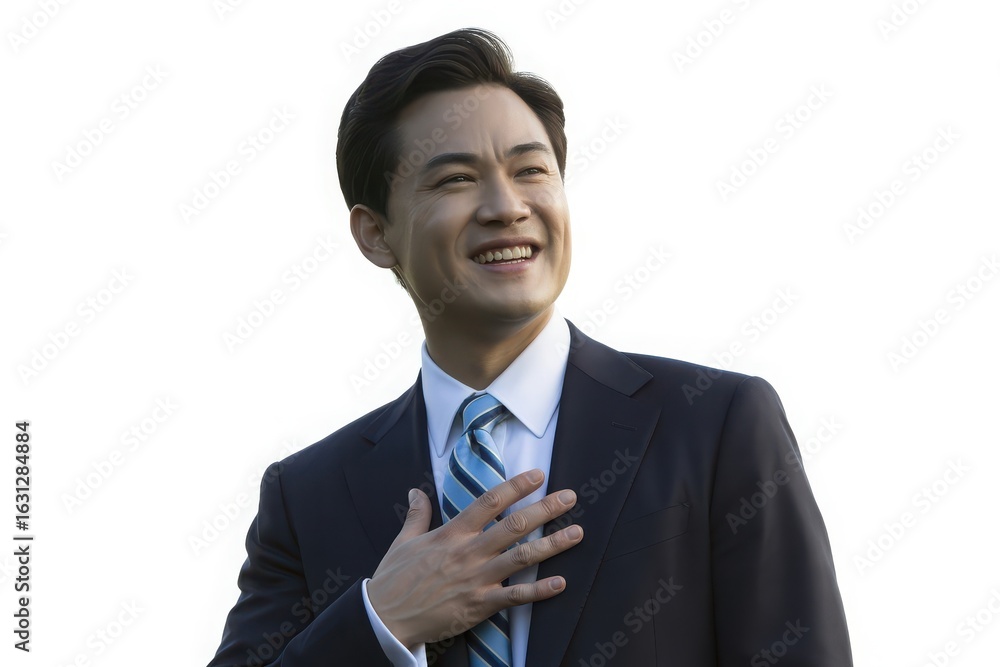 Confident Asian businessman with hand on heart smiling gratefully, radiating trust and sincerity in a professional setting, perfect for corporate communications. Confident Asian businessman with hand on heart smiling gratefully, radiating trust and sincerity in a professional setting, perfect for corporate communications.