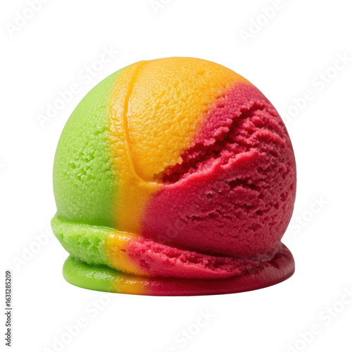 Perfectly spherical rainbow sherbet scoop with orange, lime, and raspberry layers subtly melting and swirling on a transparent background, ultra close-up. Concept for refreshing summer dessert