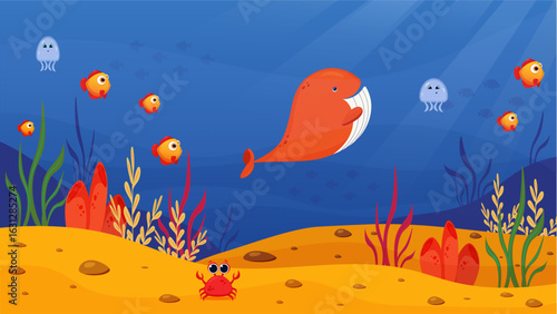 Cartoon Underwater World with Whale, Fish and Crab – Vector Illustration.Colorful cartoon-style vector illustration of an underwater scene featuring a cute blue whale, small fish, crab, seaweed, coral