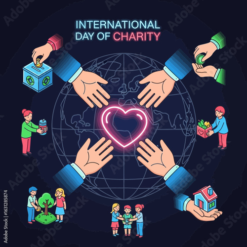 Colorful Outline Illustration of International Day of Charity Symbol and People Giving