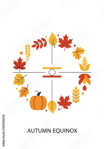 Minimalist Autumn Equinox Celebration with Pumpkin and Leaves Illustration