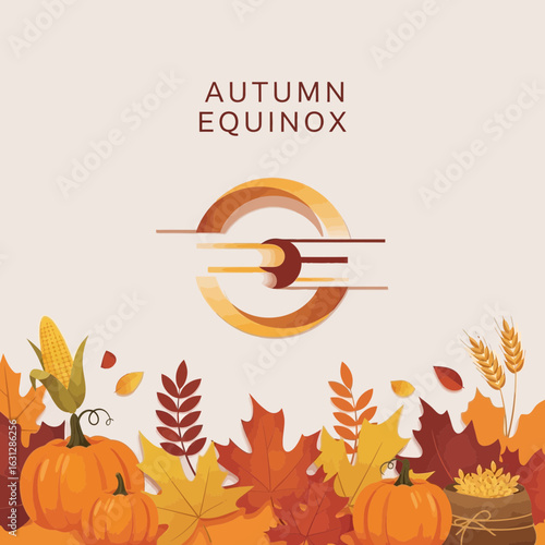 Modern Autumn Equinox Illustration with Pumpkins and Leaves Decoration