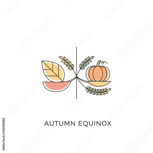 Minimalist Line Art Autumn Equinox Celebration with Pumpkin and Leaves Illustration