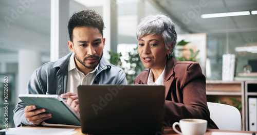 Photos Creative people, tablet and laptop in office for planning, fact check and help with editor feedback