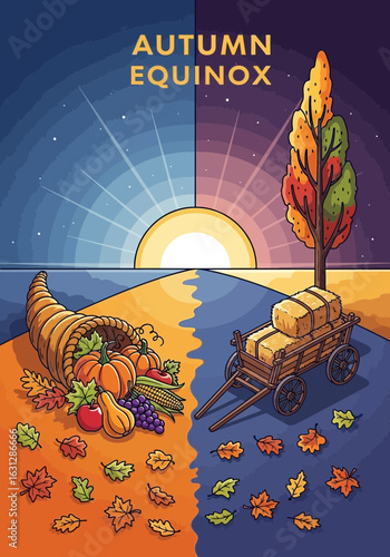 Detailed Colorful Autumn Equinox Harvest Illustration with Fruits and Cornucopia