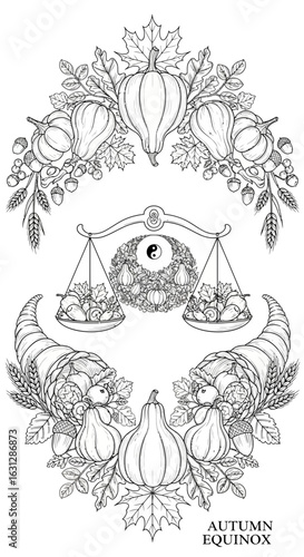 Handdrawn Intricate Autumn Equinox Harvest Composition with Cornucopia and Libra Scales Art