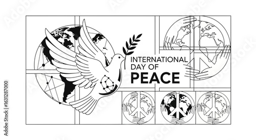 Minimalist Outline Dove With World for International Day of Peace Illustration