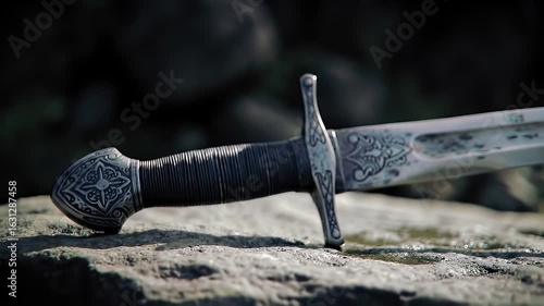Ornate Sword Hilt and Blade Resting on a Stone With Intricate Designs Under Soft Lighting