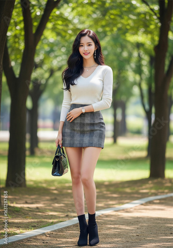 Korean Model in White Knit Top and Plaid Skirt Holding Handbag