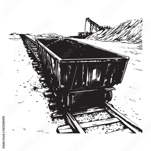 Silhouette of Coal Mining Cart on Track, Vintage Vector Illustration.