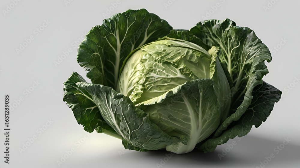 Obraz premium Fresh green cabbage with vibrant leaves grown in a sunny garden setting on a clear day isolated on white and gray background,