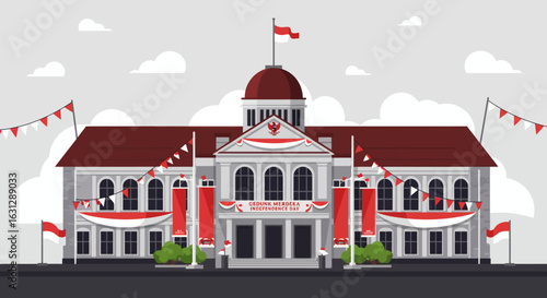Celebrate Indonesian Independence Day with festive bunting and flags adorning historic Merdeka building
