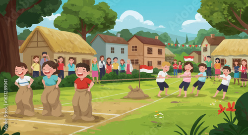 Children enjoying sack race and tug of war during vibrant community festival in colorful neighborhood