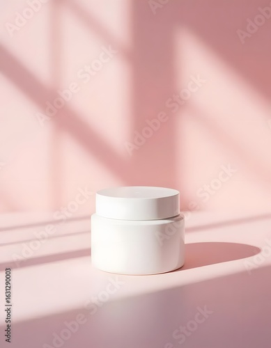Minimalist presentation of a white cream jar on a pink surface with window shadow patterns behind it