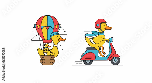 Colorful line art illustration of adventurous ducks on a scooter and in a hot air balloon.