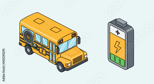 Isometric illustration of a yellow electric school bus with a charging plug and a large battery symbol.