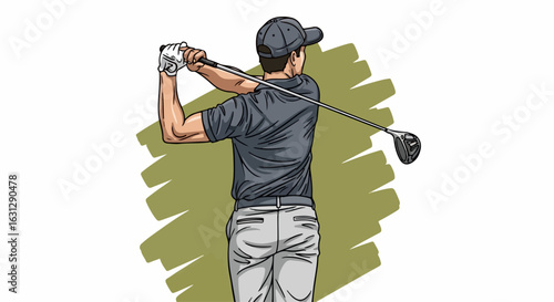 Rear view of a male golfer in a grey cap and polo shirt executing a powerful golf swing.