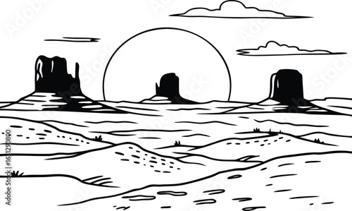 "Desert Landscape Line Art with Monument Rocks and Sun — Minimalist Western Scene"