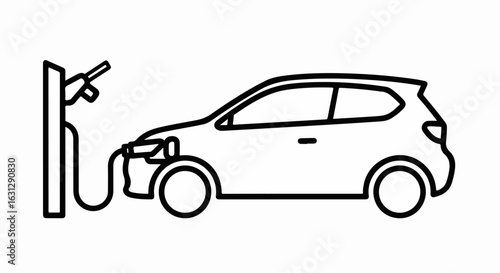 Simple black line art icon of a compact car refueling at a gas station pump.