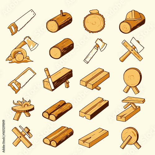 Hand-Drawn Woodworking Icons Vector: Saw, Axe, Logs, Planks, Chopping Blocks, Sawbuck, Wood Pieces