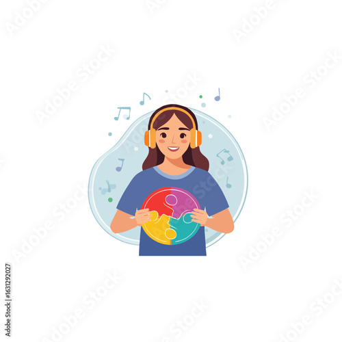 Vector character of an autistic person wearing noise-canceling headphones and holding a sensory toy