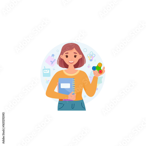 Vector character representing ADHD, holding planner and fidget toy