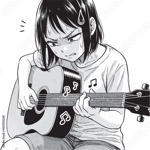 ギターの練習に奮闘する女の子：日本の漫画風イラスト