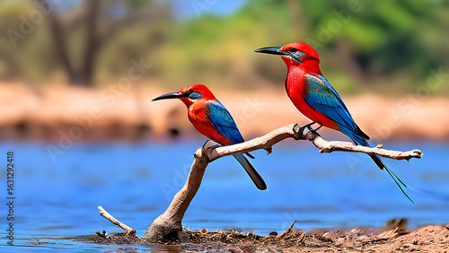 red birds colorful southern carmine bee eater merops nubicoides colony of red and blue winged.