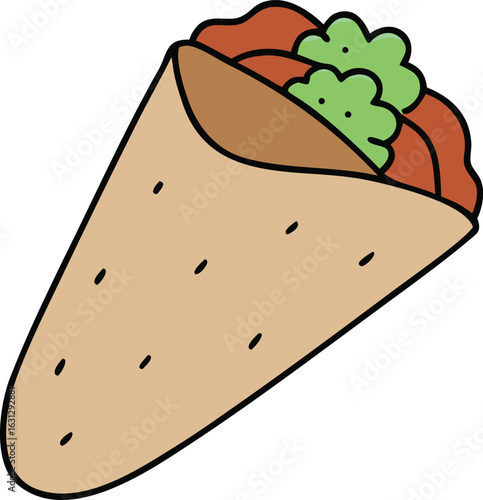 Delicious pita gyro with grilled lamb slices on white background