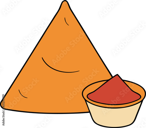 Spicy meat samosa with dipping sauce illustration