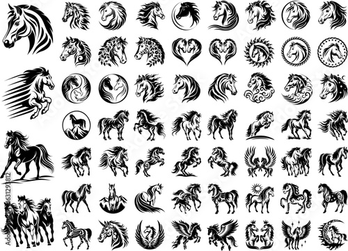 Collection of tribal and fantasy horse illustrations with galloping, rearing, flying, and mystical designs for tattoo and graphic art