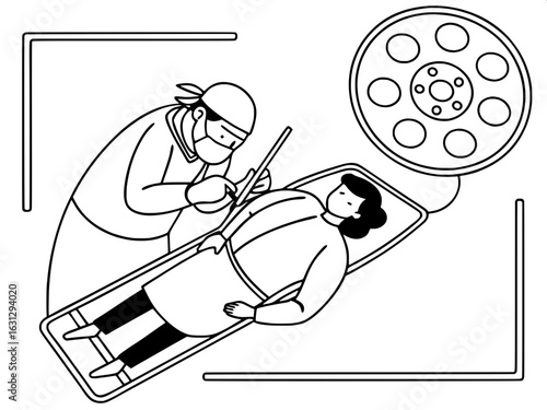 "Medical icon vector of a surgeon performing an operation, viewed from above, modern flat design"
