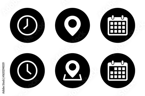 Time, location, and calendar icon. Clock, place marker, and date symbol in black circle
