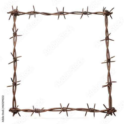 Barbed wire frame with sharp twisted metal strands.
