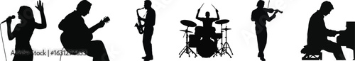 Musician silhouette vector collection with singer, guitarist, saxophonist, drummer, violinist, and pianist performing