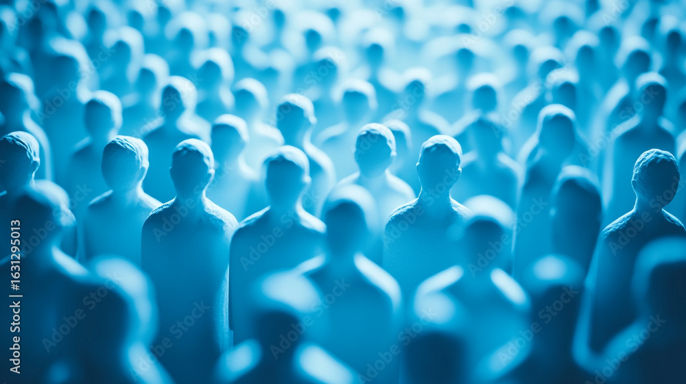 Obraz premium A large crowd of anonymous figures in blue light a sea of faces