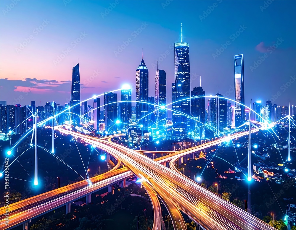 Obraz premium Futuristic cityscape at night, interconnected by digital network