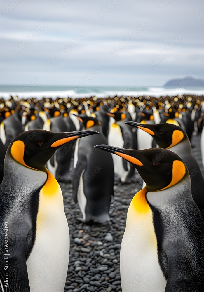 Obraz premium Close up of King penguins (Aptenodytes patagonicus) on South Georgia and the Sandwich Islands, Antarctica.