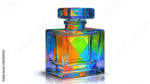 Square glass bottle reflects bold spectrum of colors; clear, polished, elegant