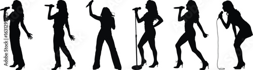Female singer silhouette vector set with microphone in various singing and performing poses isolated on white background