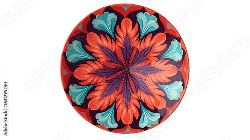 Ornate round patterned plate with leaves in orange, blue and purple